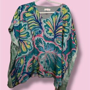 Colorful Tropical Print V-Neck Tunic Top
